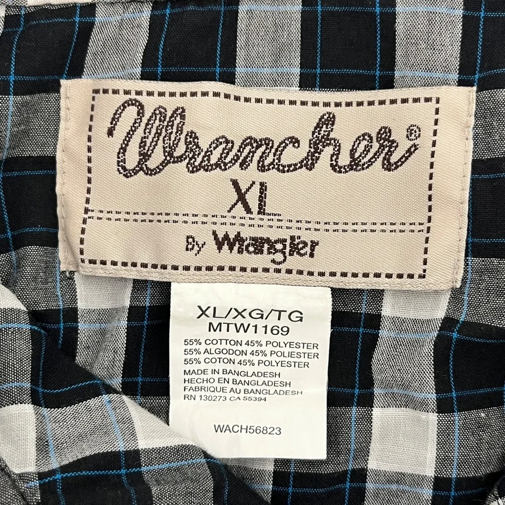 Wrancher By Wrangler Mens XL‎ Button Up Western Shirt Black Plaid Pearl Snap